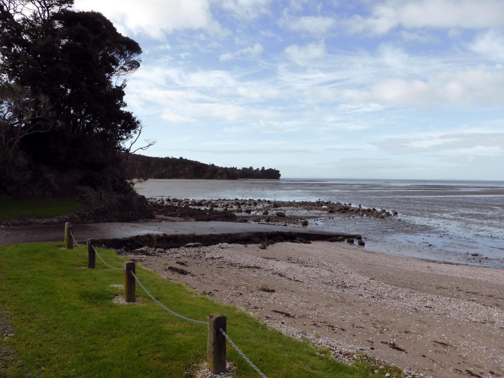 Open public boat ramp with an empty concrete launch and wooded shoreline in the background